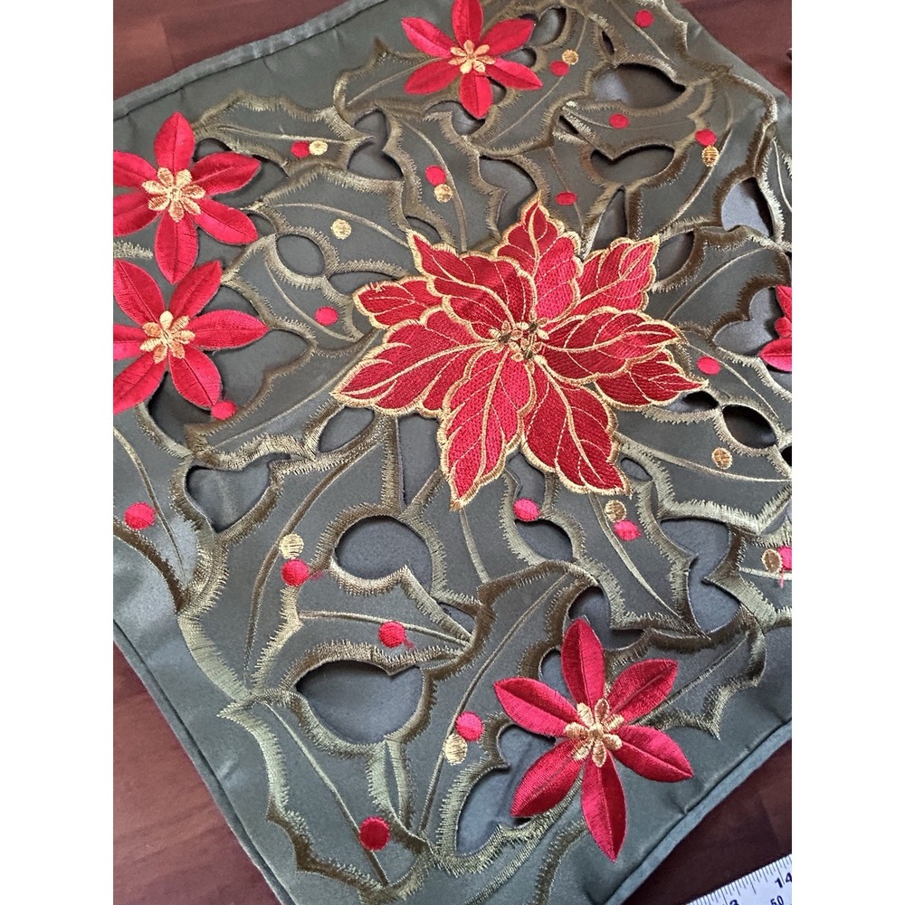 Poinsettia Cutout Embroidery Pillow Cover 16" x 16" Green Red Gold Holiday - Picture 2 of 7